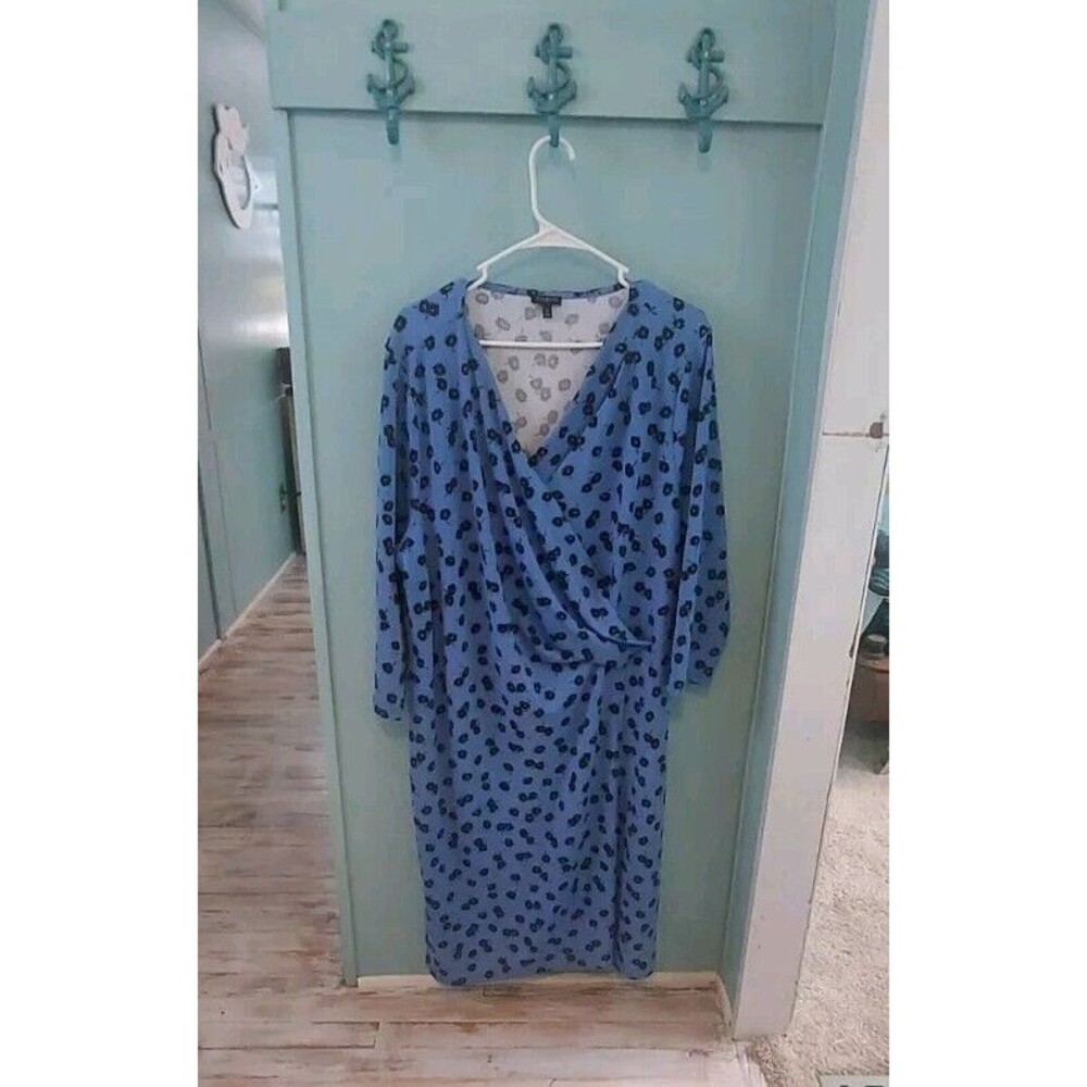 ! Talbots Womens Plus Size 3X Faux Wrap Midi Dress Blue Black Floral